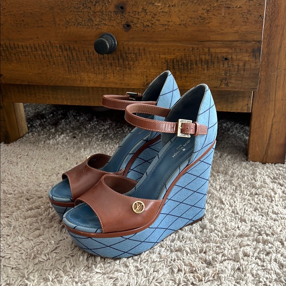 Louis Vuitton Brown and Blue Wedge Sandals